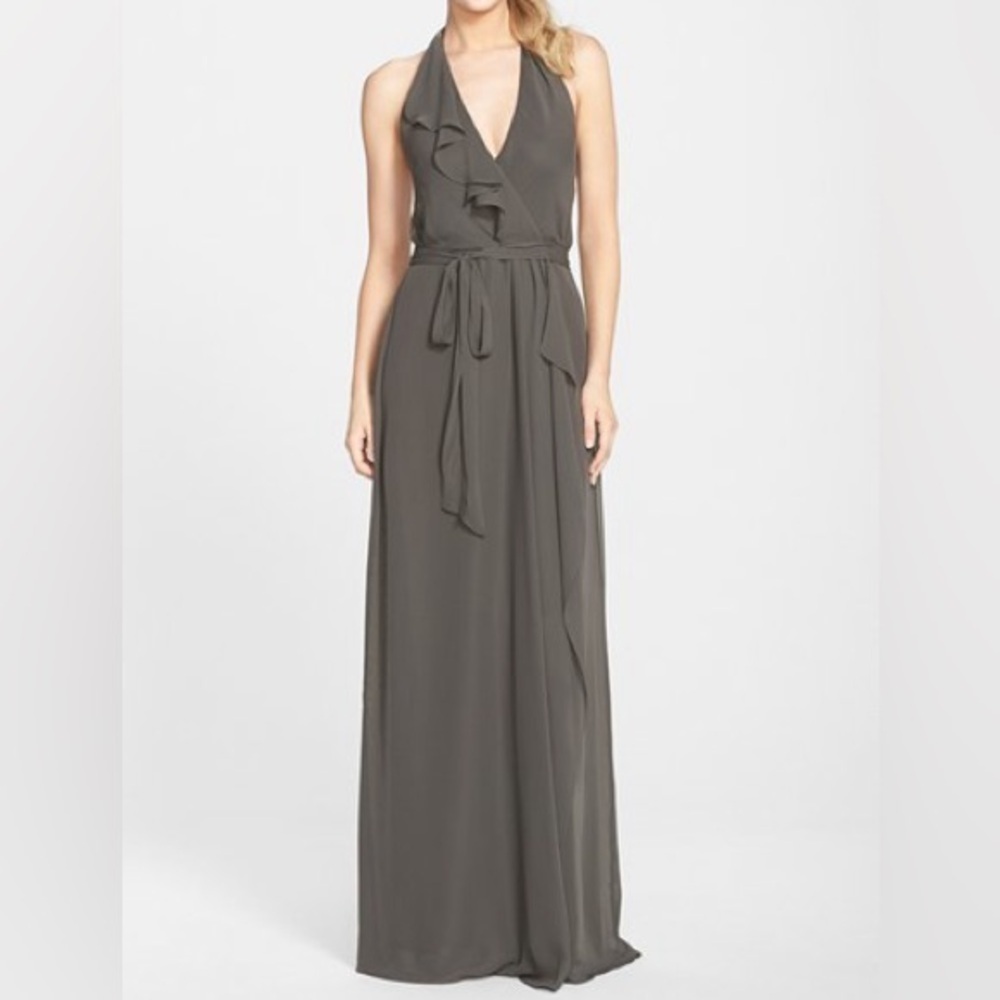 Amsale Nouvelle Erica Ruffle Chiffon Halter Neck Wrap Gown Maxi Grey Medium